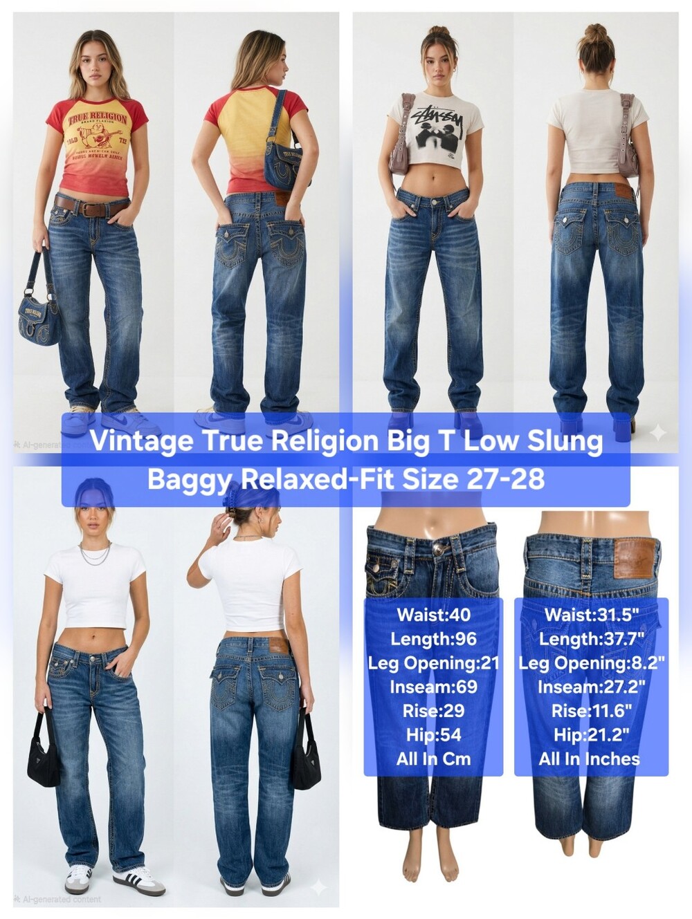 Vintage True Religion Big T Low Slung Baggy Relaxed-Fit Size 27-28